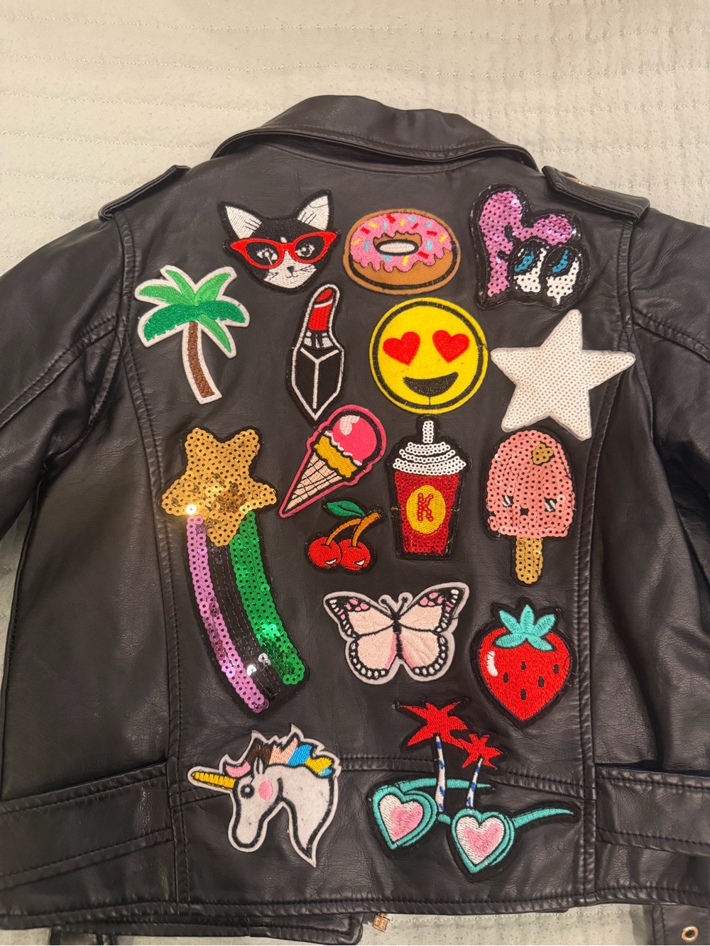 Kids Black Faux Leather Jacket with Sequin Patches